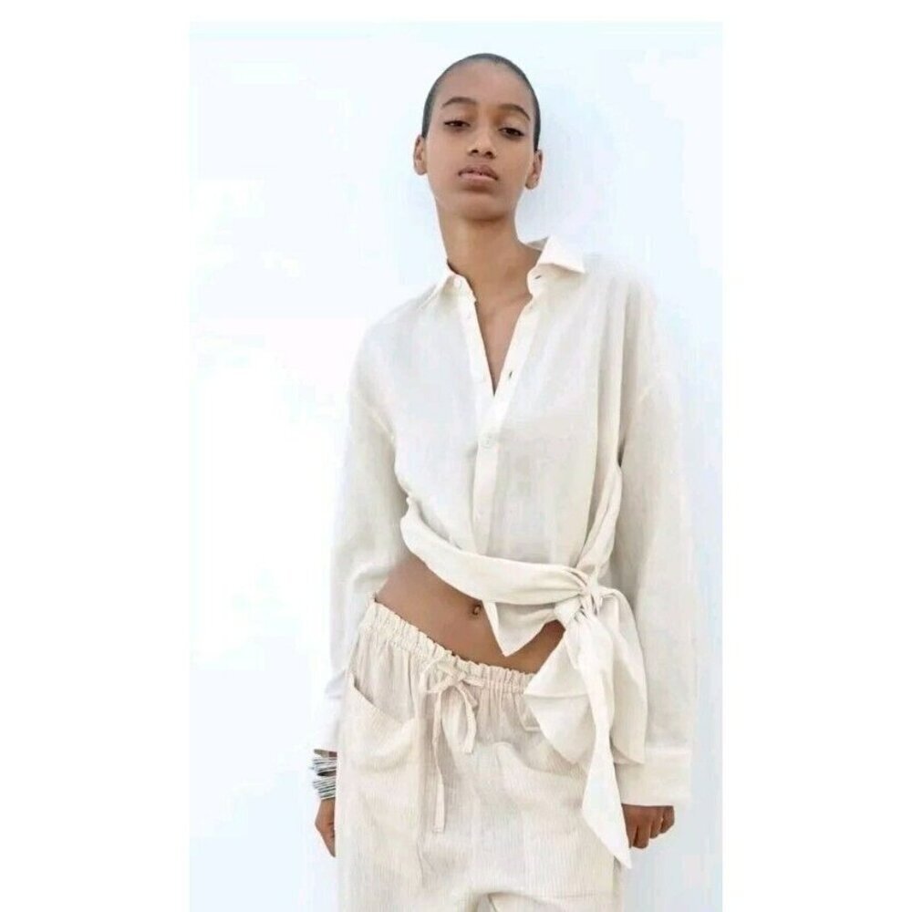 ZARA WOMEN ASYMMETRIC LINEN SHIRT ECRU 4432/019 Size s